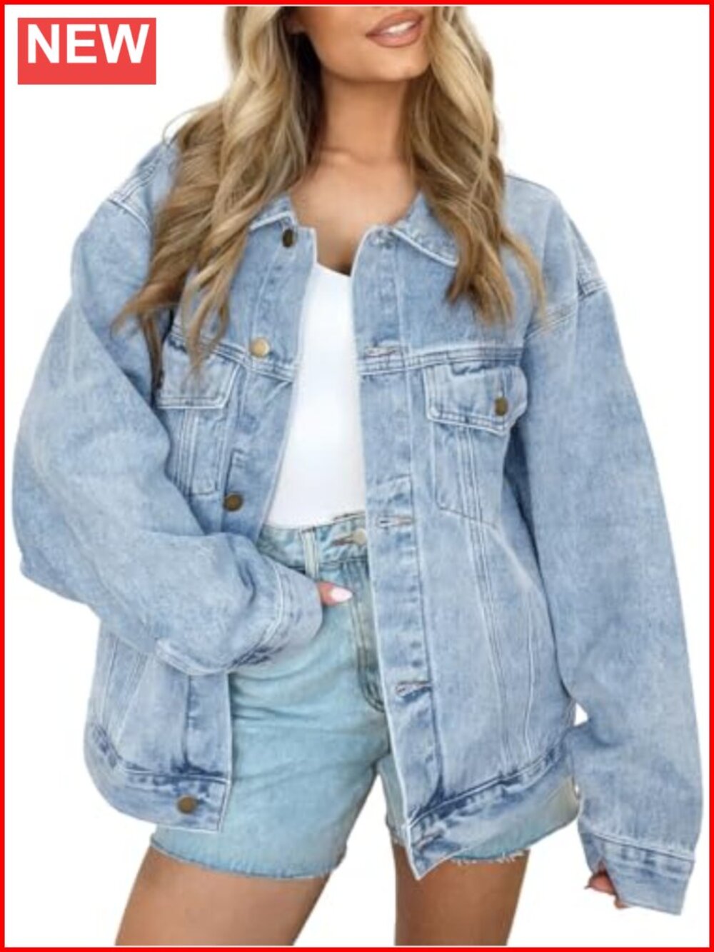 Oversized Distressed Denim Jacket with Pockets